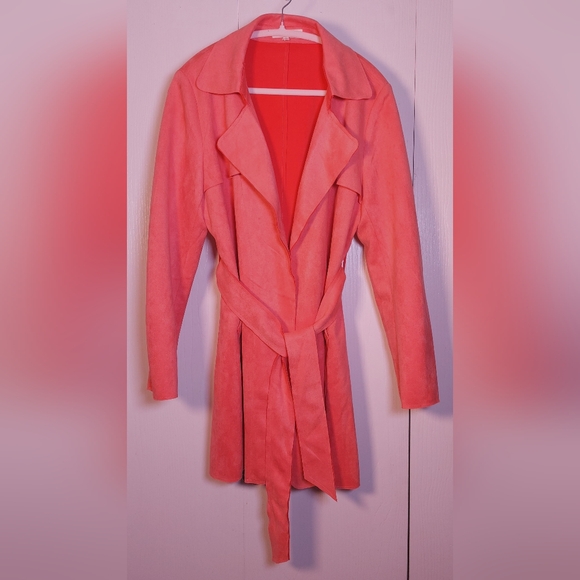 Solitaire Faux Suede Belted Trench Coat Size Large Waterfall Lapel Jacket Duster - Picture 14 of 16